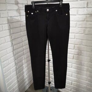 True Religion Ladies Size 31 Black World Tour Skinny Jeans w/ Purple Stitching